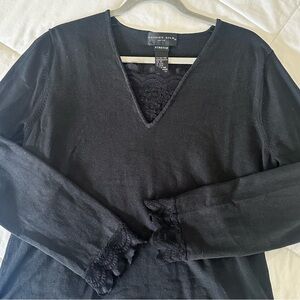 August Silk Black V-Neck Top with Lace Accent